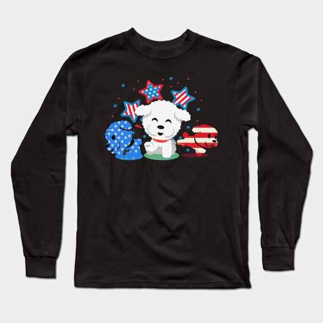 Cute Red White Blue Bichon Frise Fireworks Us Flag Long Sleeve T-Shirt by Kaileymahoney